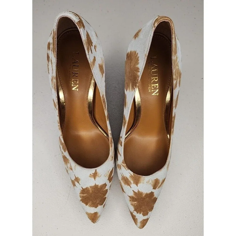 LRL Ralph Lauren Sarina Stiletto Heel Shoes Sz 7B Tie Dye Suede Tan/Light Beige